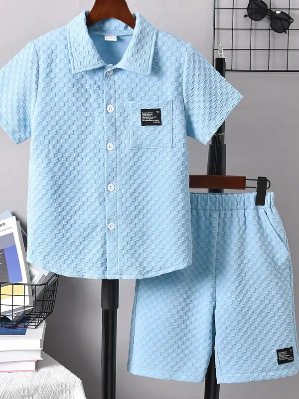 Two-piece Set Boy's Plaid Print Short Sleeve Top & Elastic Waist Shorts, Casual Comfy Top & Shorts for Summer, Kids Clothes f...