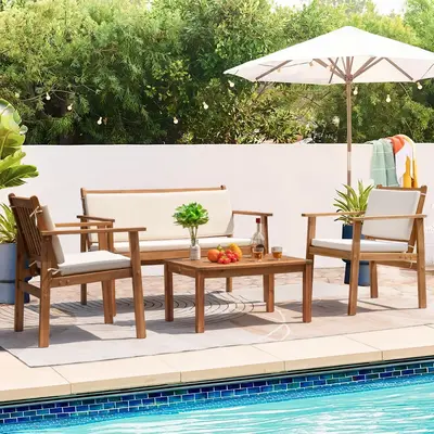 Furmax 4 Pieces Acacia Patio Conversation Set Outdoor Furniture Set with Cushions and Side Table