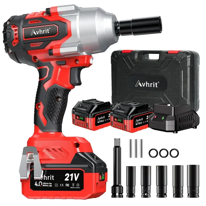 Avhrit Cordless Impact Wrench, 850N·m/630ft-lb 1/2 Impact Wrench gun, High Torque Tool, w/ 2x 4000mAh Battery, Charger & 5 S...