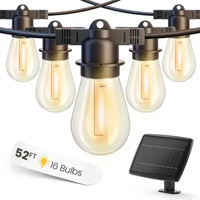 52Ft Solar String Lights Outside Waterproof, Outdoor Solar Powered Patio Lights with 16 Edison Shatterproof Bulbs(1 Spare)
