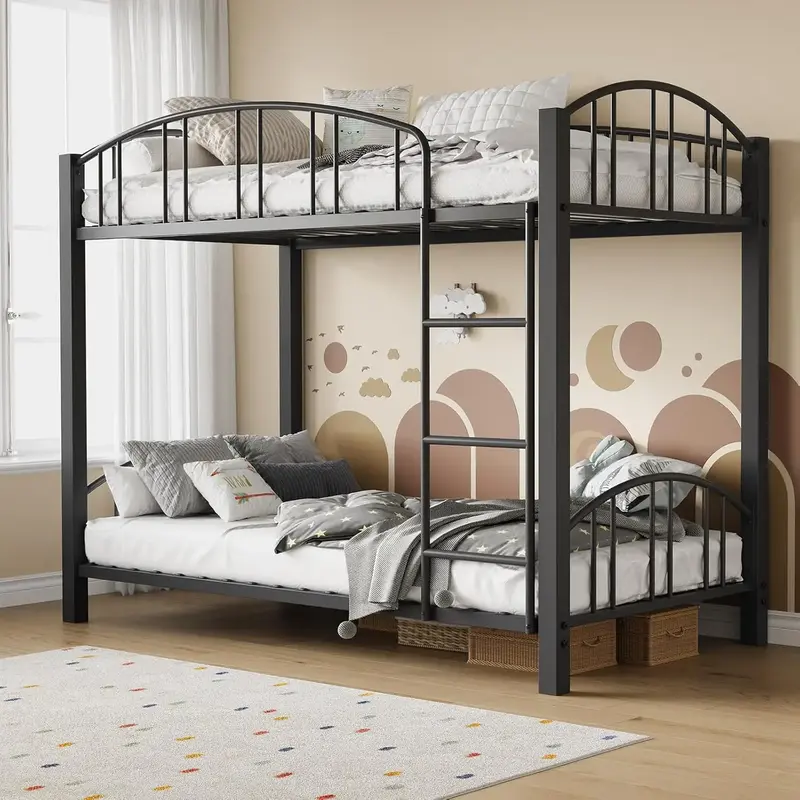 Metal Bunk Bed Twin Over Twin Heavy Duty Bunkbeds Frame with Arched Guardrail and Safety Ladder Sturdy Steel Bed for Kids Boy...