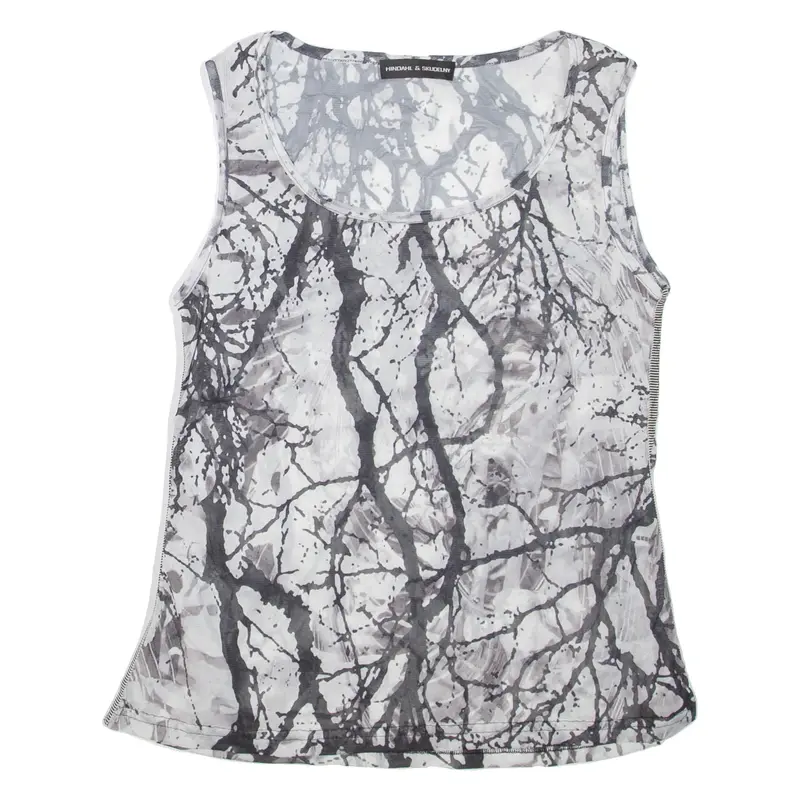 Sheer Womens Printed Top White Sleeveless Crazy Pattern M