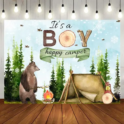 Aperturee Its A Boy Happy Camper Bear Baby Shower Backdrop