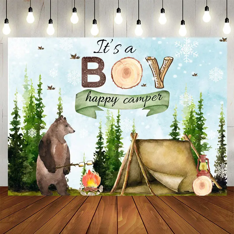 Aperturee Its A Boy Happy Camper Bear Baby Shower Backdrop