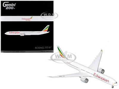 Boeing 777-9 Commercial Aircraft Ethiopian Airlines (ET-BBX) White with Tail Stripes Gemini 200 Series 1/200 Diecast Mode...