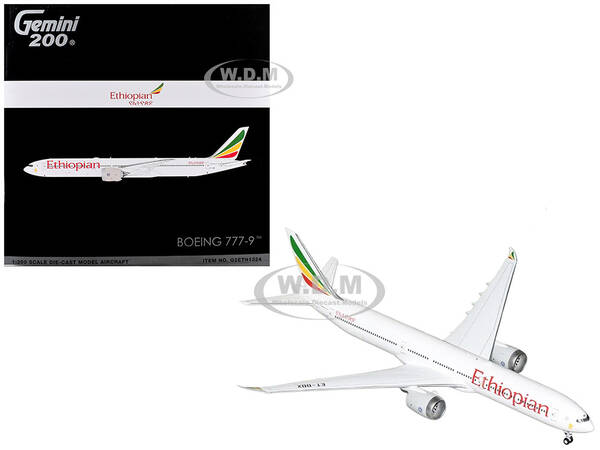 Boeing 777-9 Commercial Aircraft Ethiopian Airlines (ET-BBX) White with Tail Stripes Gemini 200 Series 1/200 Diecast Mode...