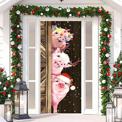 Farm Three Cute Pigs Wooden Christmas Door Cover - Aperturee