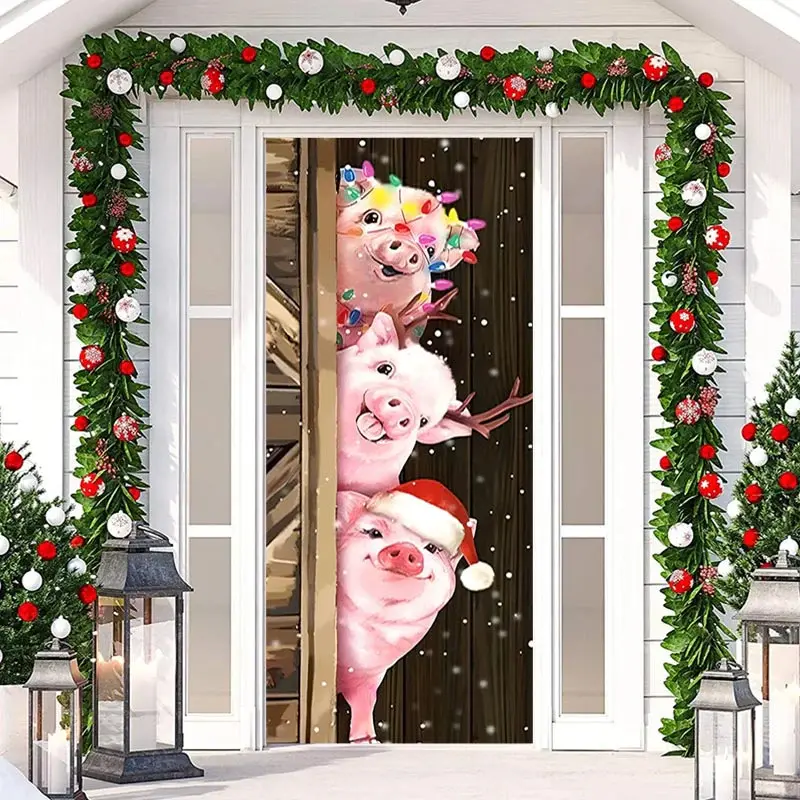 Farm Three Cute Pigs Wooden Christmas Door Cover - Aperturee