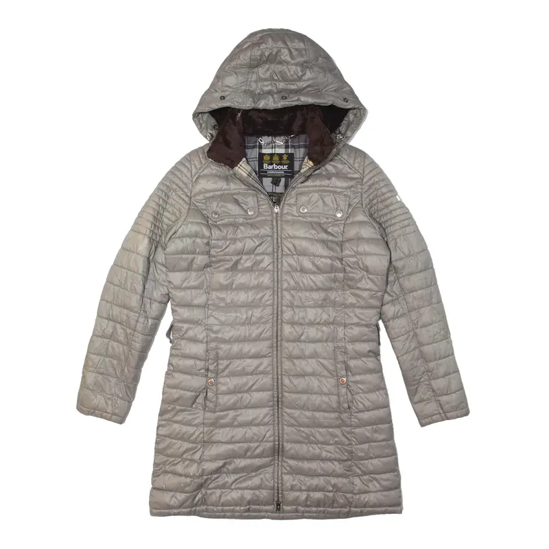 BARBOUR International Endo Baffle Fibre Down Black Streak Quilted Coat Grey Womens UK 10