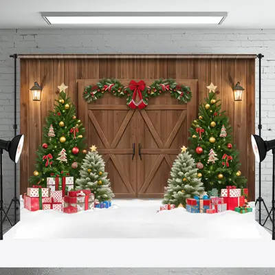 Aperturee Festive Wooden Door Xmas Trees Christmas Backdrop - Aperturee