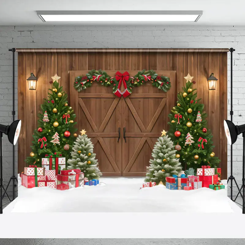 Aperturee Festive Wooden Door Xmas Trees Christmas Backdrop - Aperturee