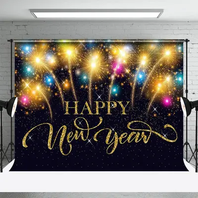 Black Glitter Sparkle Gold Happy New Year Backdrop - Aperturee