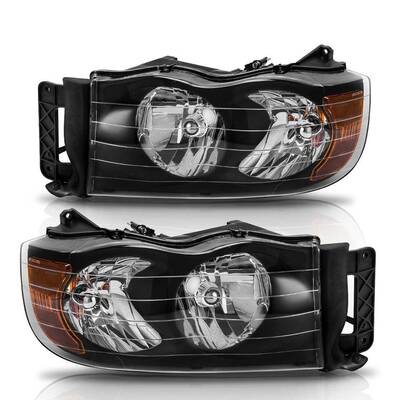YITAMOTOR® 2002-2005 Dodge Ram Pickup Headlight Assembly Truck Headlamps Black Housing Amber Reflector