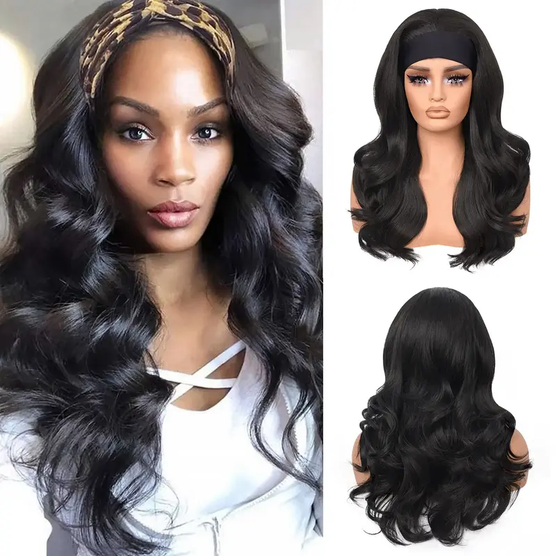 Wear and Go Body Wave Headband Wig Synthetic Wavy Wig for Black Women Glueless Wig with Headband Attached Heat Friendly 22 in...