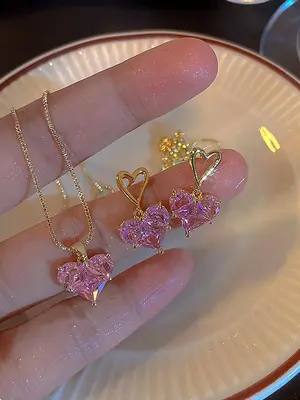2024 Summer Heart Shape Design Jewelry Set, Pink Artificial Zircon Inlaid Pendant Necklace and Dangle Earrings, Sweet Fashio...