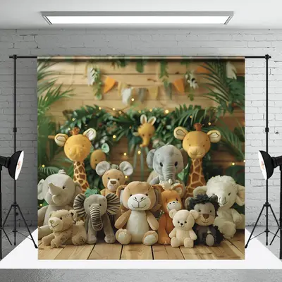 Jungle Safari Animal Doll Wooden Backdrop For Photo - Aperturee