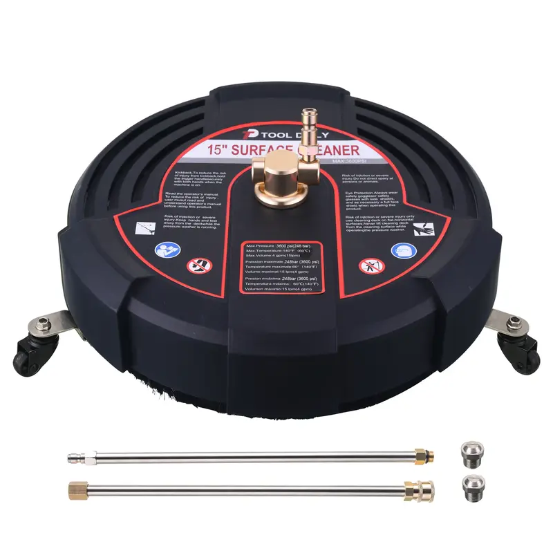 Tool Daily 15 Inch Pressure Washer Surface Cleaner Attachment with Wheels, with 2 Power Washer Extension Wands and 2 Replacem...
