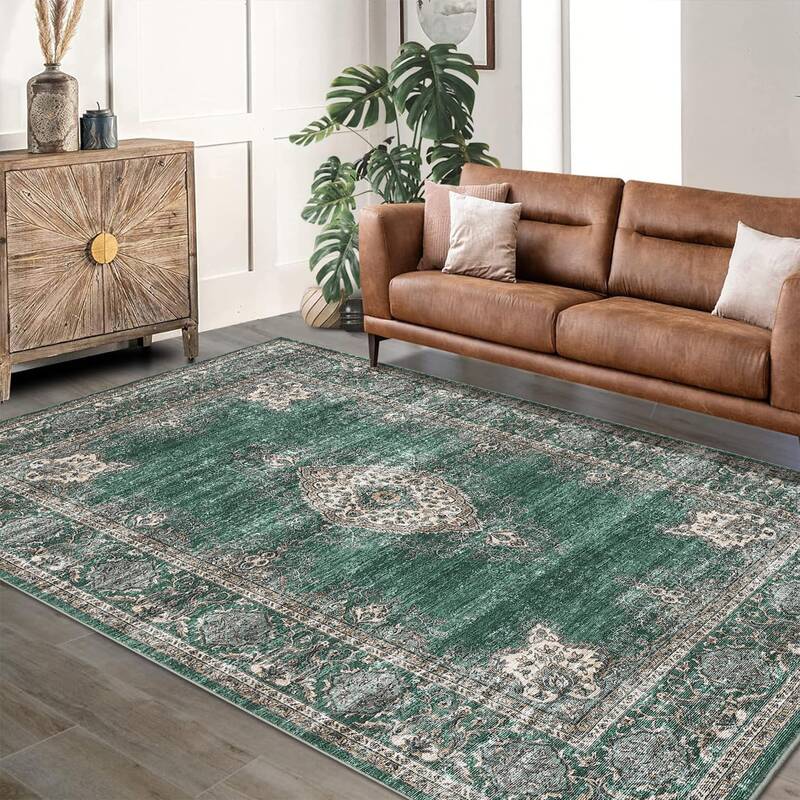 Garvee Floral Vintage Area Rug Soft Non Slip Machine Washable Distressed Vintage Green 8x10ft Living Room Bedroom Dining