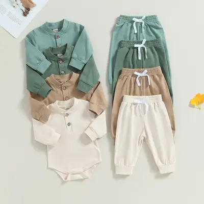Baby Boy 2Pcs Fall Winter Outfits Ribbed Long Sleeve Romper Tops Solid Pants Newborn Baby Boy Clothes