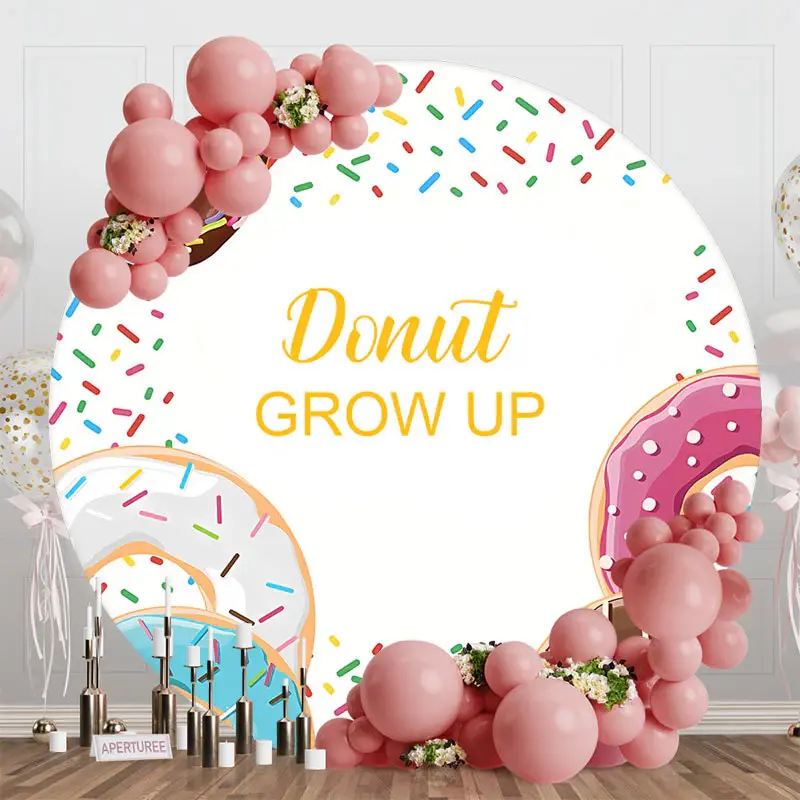 Candy Donut Grow Up White Round Baby Shower Backdrop - Aperturee