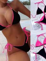 Two-Piece Set Women's Contrast Binding Tie Back Bikini Set, Casual Fashion Chic Swimwear Set for Beach Holiday Vacation, Ladi...