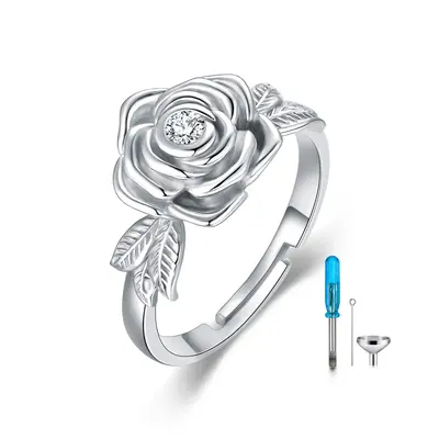 Sterling Silver Round Shaped Cubic Zirconia Rose Urn Ring