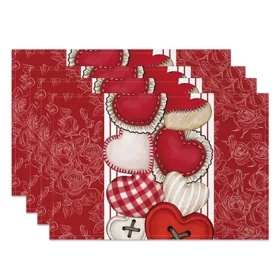 Aperturee Red Floral Love Valentines Day Set Of 4 Placemats, 14x12 Inch, 15.8 USD, NYLX00572-S, placemats