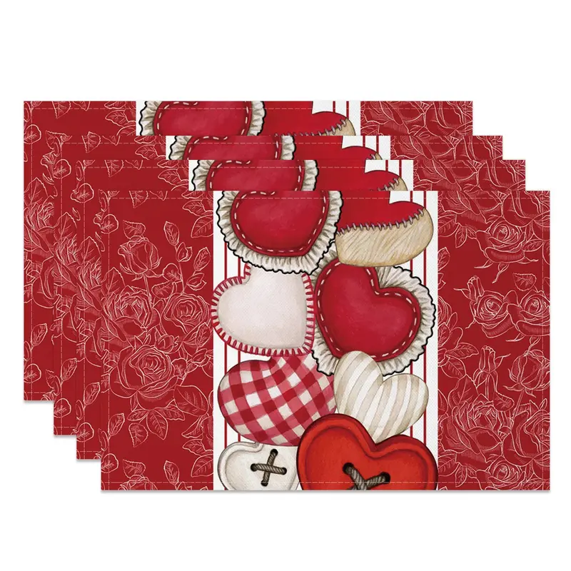 Aperturee Red Floral Love Valentines Day Set Of 4 Placemats, 14x12 Inch, 15.8 USD, NYLX00572-S, placemats