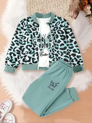 Girl's Leopard Print Zip Up Jacket & Top & Sweatpants Set, Casual Fashion Three-piece Outfits for Daily Outdoor Wear, Girls S...