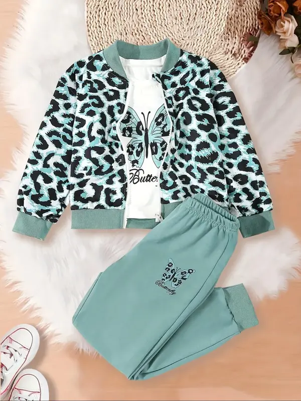 Girl's Leopard Print Zip Up Jacket & Top & Sweatpants Set, Casual Fashion Three-piece Outfits for Daily Outdoor Wear, Girls S...