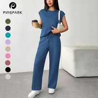 Pinspark Women's Summer Casual Suit Wide-legged Pants Loose Fit Machine Washable Air Layer Fabric Cap Sleeve Top & Cropped Wi...
