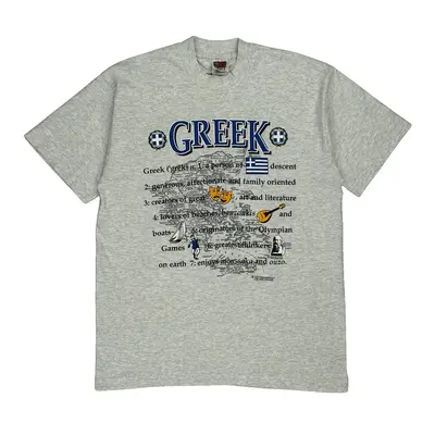 Single Stitch Greek Fruit Of The Loom Graphic T-Shirt - Large Grey Cotton