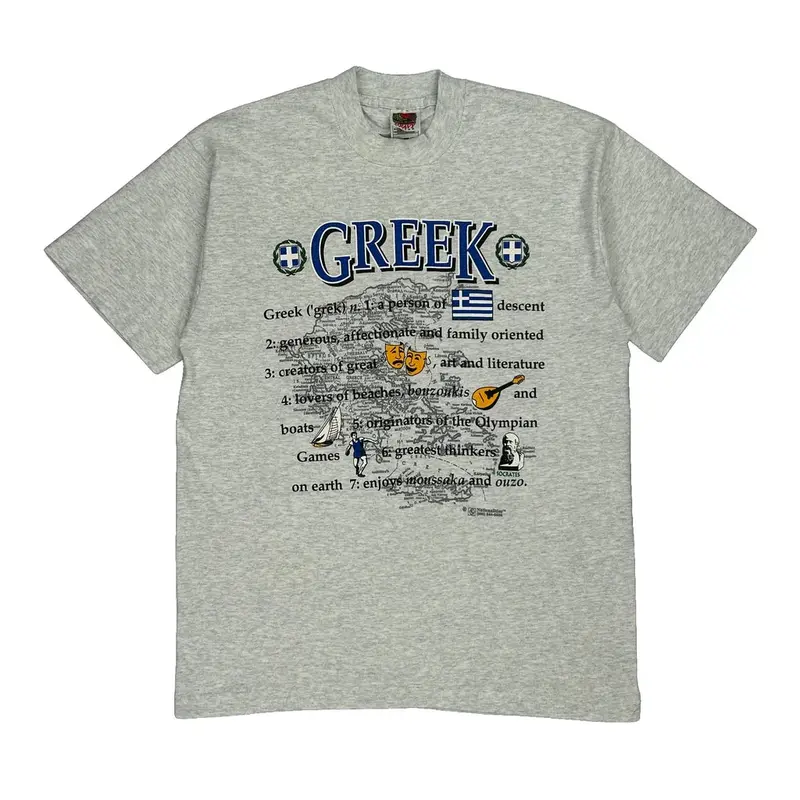 Single Stitch Greek Fruit Of The Loom Graphic T-Shirt - Large Grey Cotton
