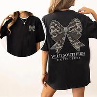 Retro Camo Bow Hunting Tee – Southern Style Cotton Shirt for Women, Perfect for Casual Wear