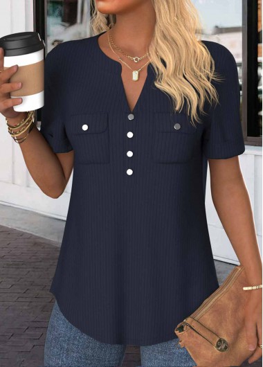 Modlily Navy Button Short Sleeve Split Neck Blouse - M