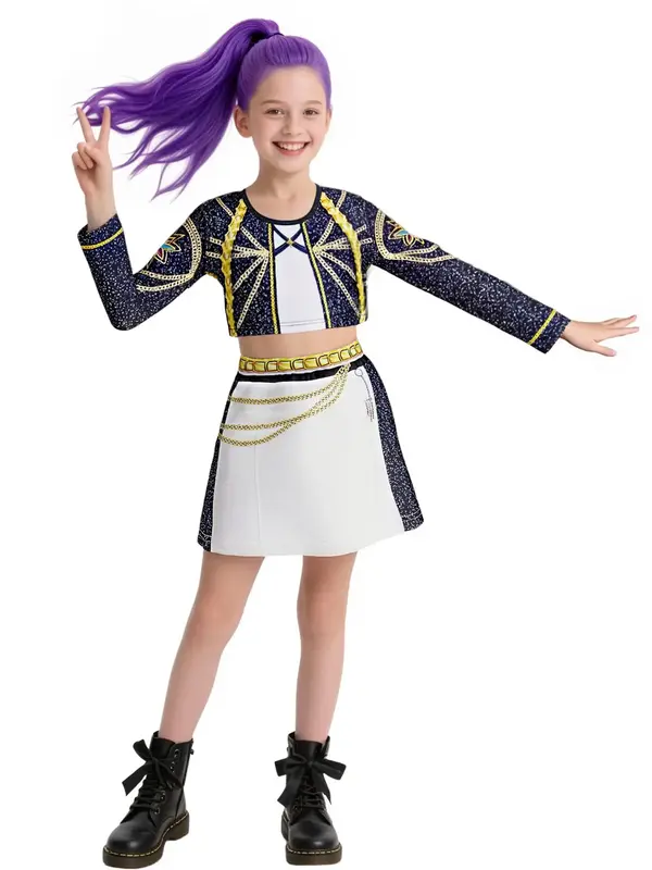 Girls' K-Pop Rumi Role Play Costume Set, Short Sleeve Crop Top & Skirt, Halloween Party Dress Up Clothes for Kids