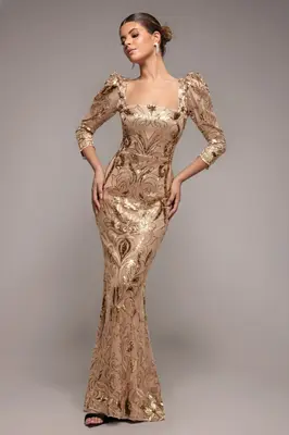 Goddiva Square Neck Scalloped Lace Maxi - Champagne