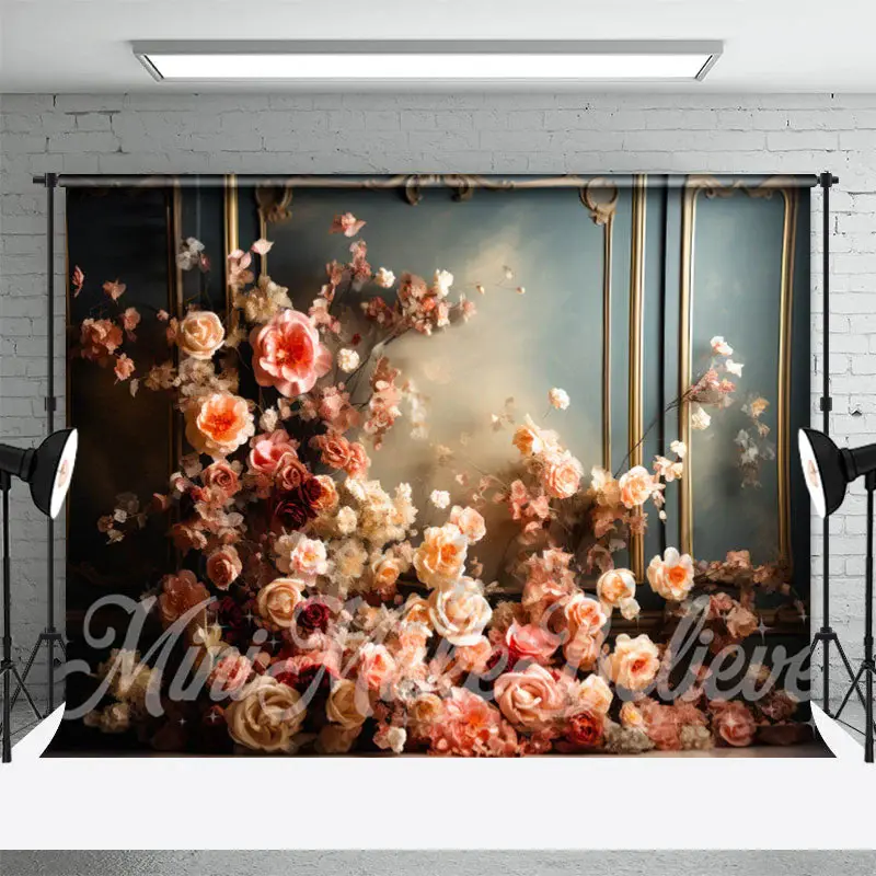 Pink Vintage Floral Blue Wall Fine Art Backdrop - Aperturee