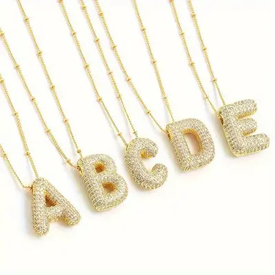 Fashion Initial Letter Necklace with Rhinestones - Bubble Design, Daily Pavê Artificial Gemstone Necklaces & Pendants, Perso...