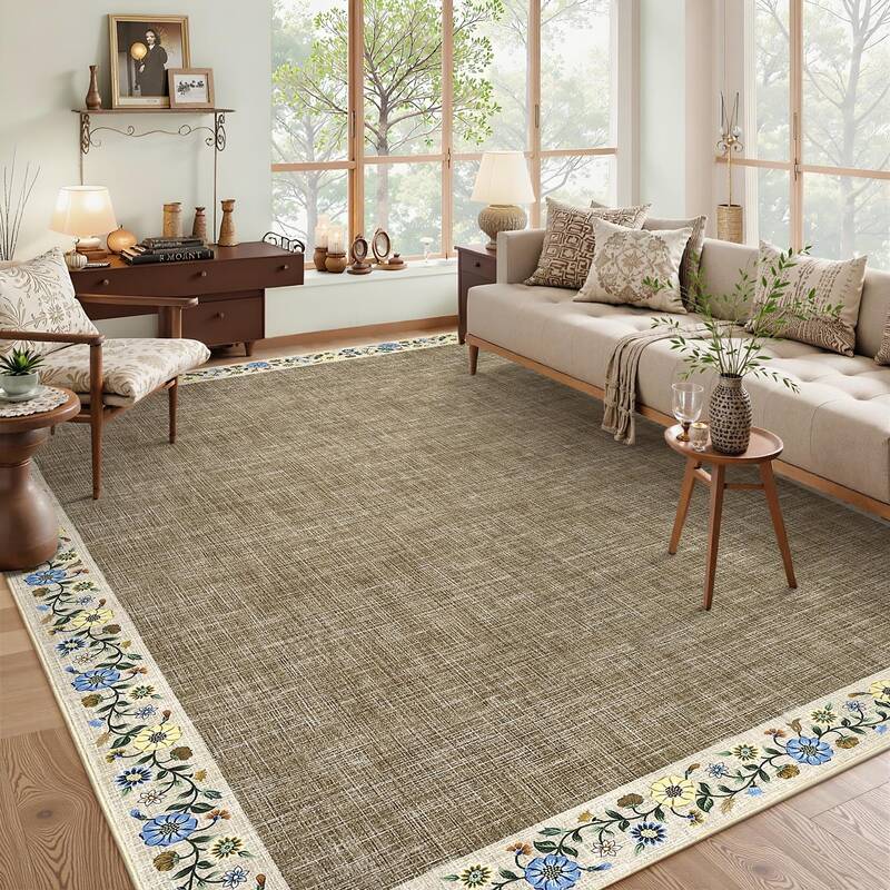 Garvee Bordered Taupe 5x7 Washable Floral Area Rug Non-Slip Lightweight Polyester Low Pile Stain-Resistant Foldable for Livin...