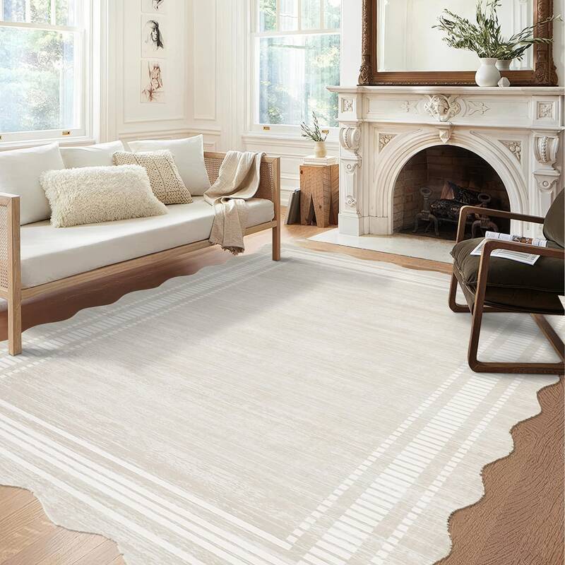 Garvee Modern Cream White 10x13 Large Washable Scalloped Area Rug Low-Pile Non-Slip Soft Durable Polypropylene Modern Bordere...