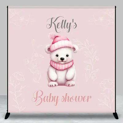 Aperturee Pink Bear Floral Custom Name Baby Shower Backdrop, 3X3FT(1X1M), 15 USD, custom baby shower backdrops, DZYM0Z07-O