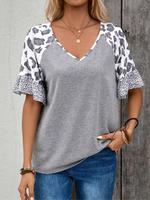 【Plus Size】Leopard Print V Neck Tee, Casual Short Sleeve T-shirt for Summer, Women's Plus Clothing for Daily Wear