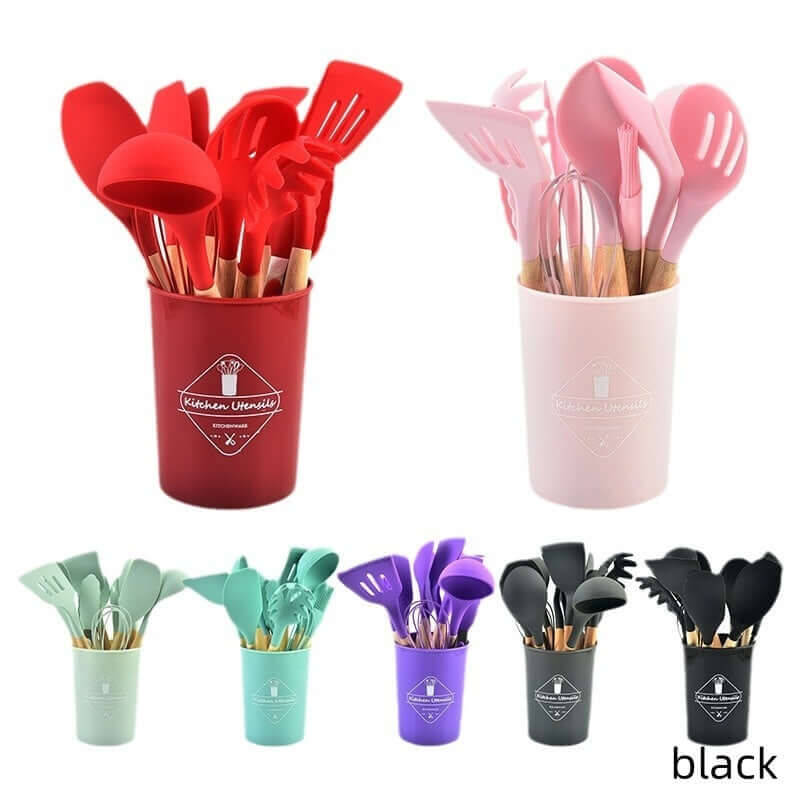 Wooden Handle Silicone 12-piece Cooking Non-stick Cooker Silicone Kitchenware | Color: 12piece set 700g black