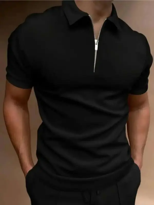 Men's Solid Zipper Shortsleeve Polo Shirt, Menswear Plain Summer Clothes, Regular Fit Casual Short Sleeve Top for Summer...