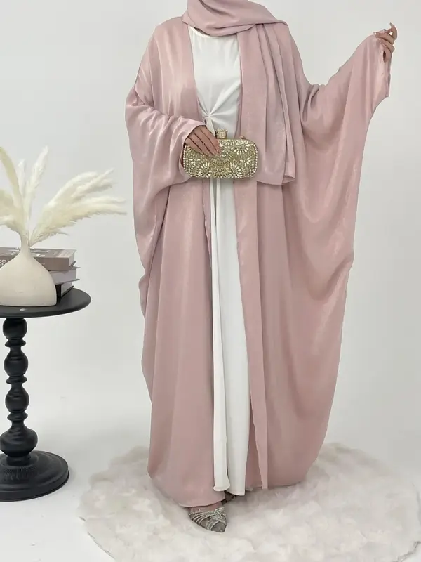 Women's Solid Color Abaya Set, Modest Casual Long Sleeve Open Front Abaya & Hijab Set for Daily Wear, Women's Islamic Clothin...