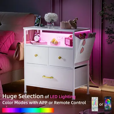 PhoenixHome LED Nightstand Set of 2 with Built-in Outlet USB Ports, Dresser with 3 Fabric Drawers End Table for Bedroom, Meta...