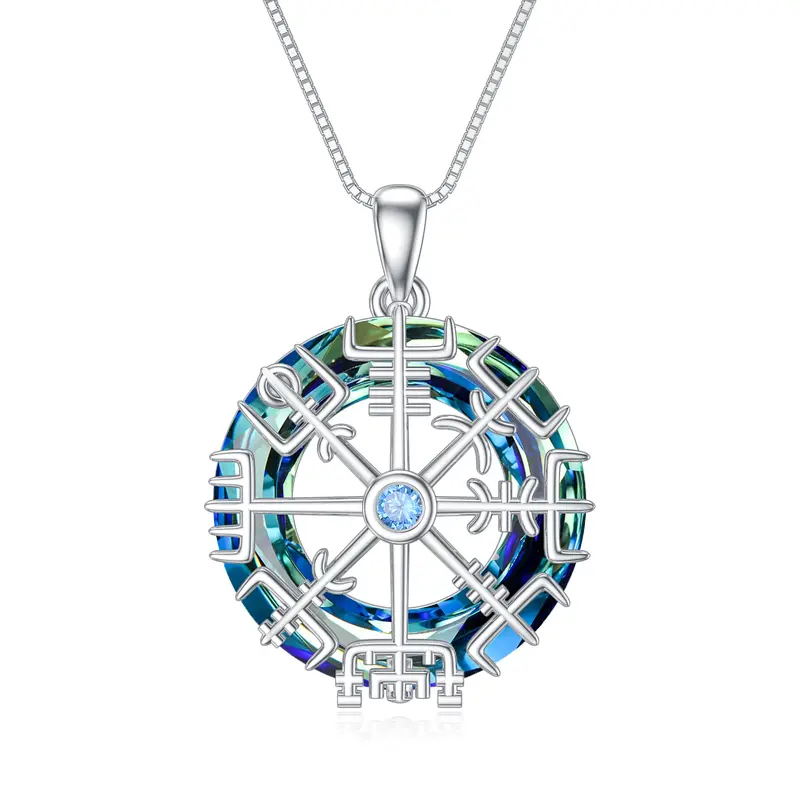 Sterling Silver Round Viking Rune Crystal Pendant Necklace