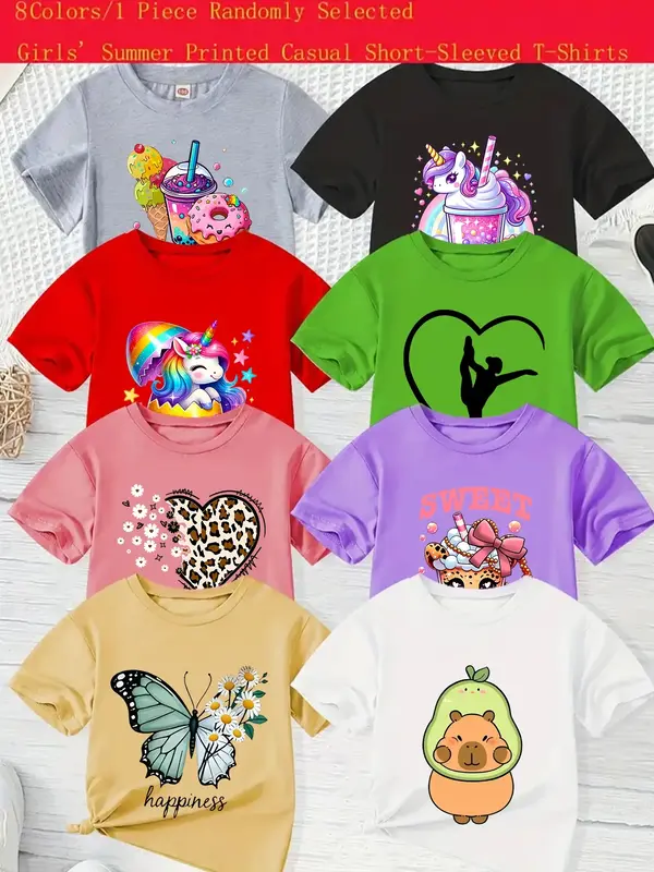 Girls' Summer Casual Long Sleeve T-Shirt, Unicorn & Butterfly Print, Fitted Comfortable Top, Random Style Sent, Perfect Gift ...