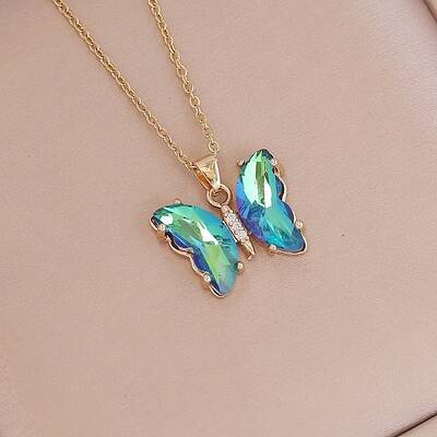 Fashionable Gradient Butterfly Alloy Glass Pendant Necklace